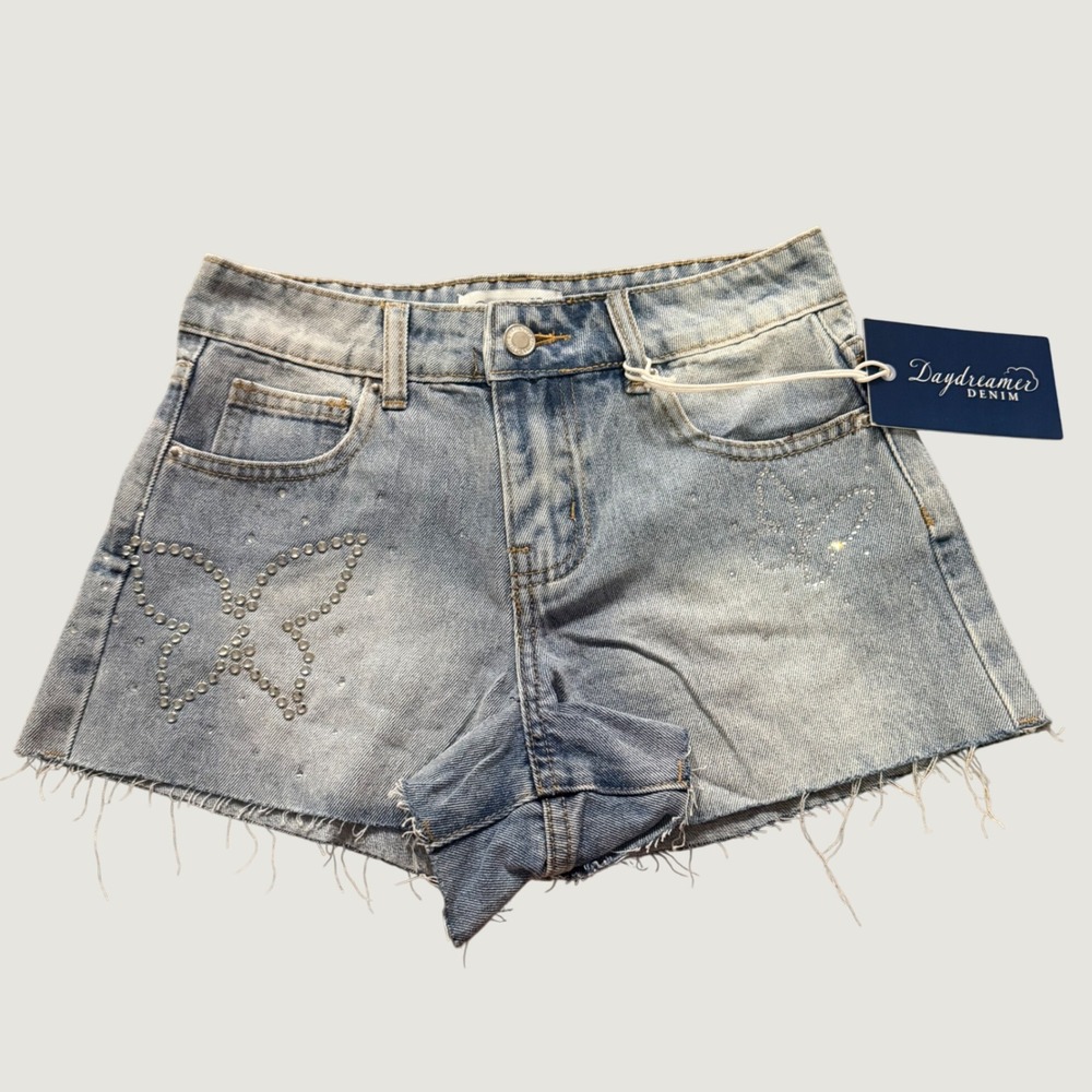 Denim Shorts Size 0/24 Butterfly Rhinestone Raw Hem Light Blue NEW